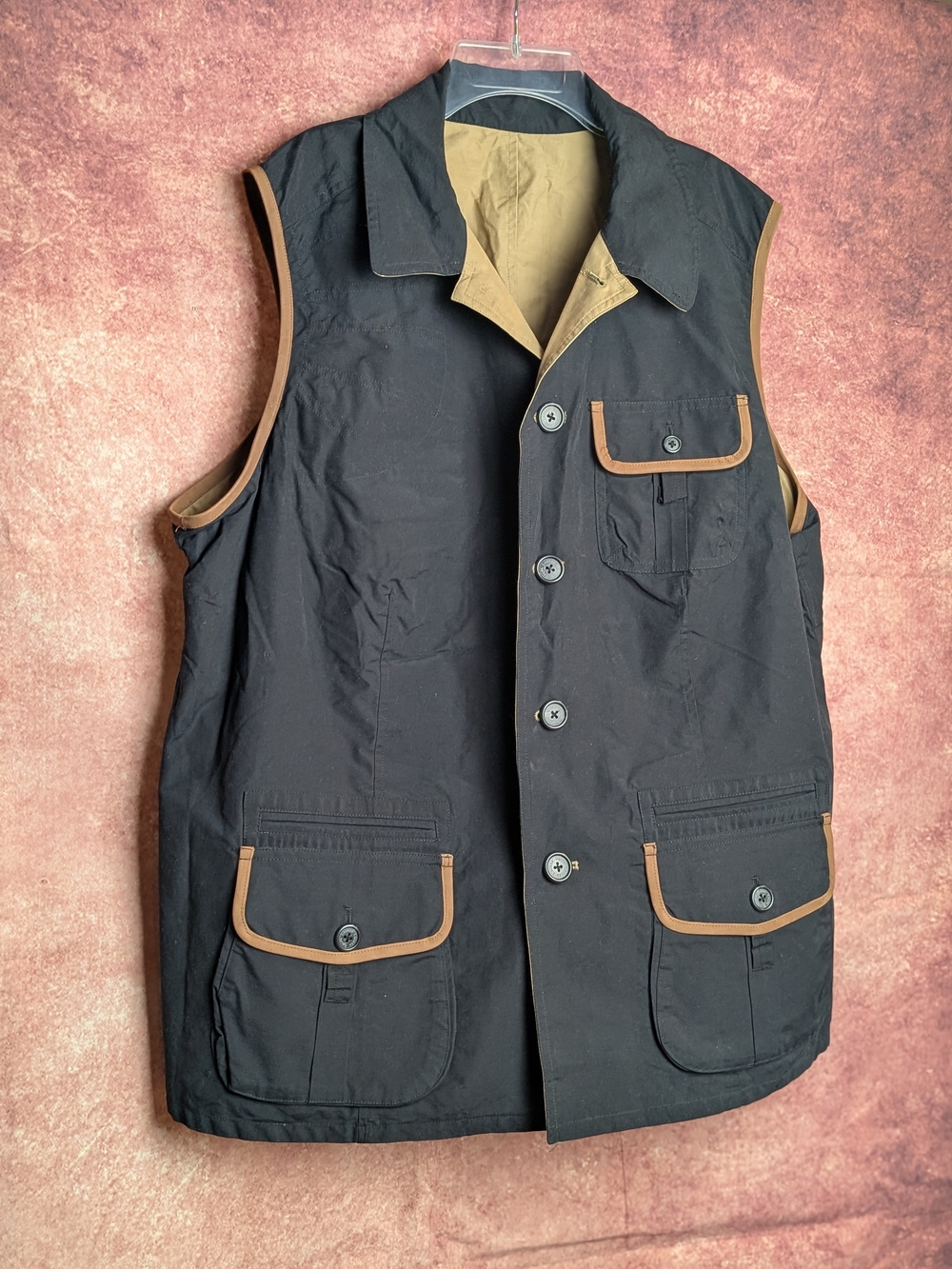 Ralph Lauren Men’s 2X Reversible Safari Utility Vest Black Tan Leather Trim